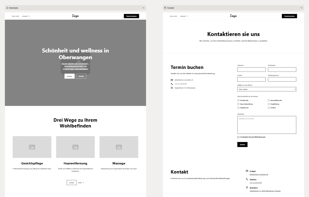 Melcos Cosmetics Wireframe Startseite und Kontaktseite