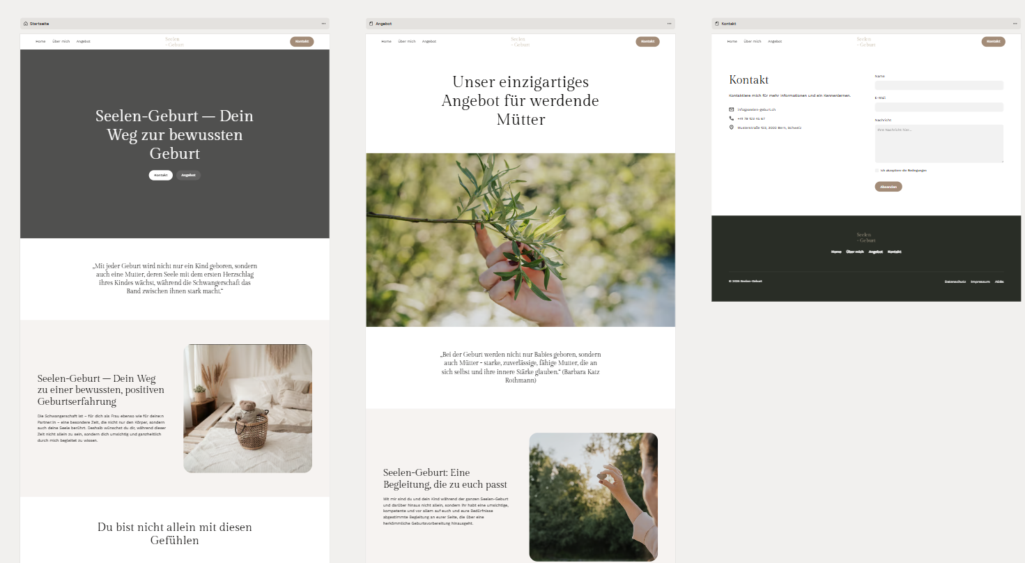 Seelen Geburt finales Website Design mit Startseite, Angebot und Kontakt