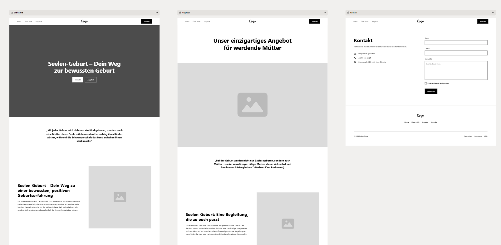 Seelen Geburt Wireframes für Startseite, Angebot und Kontakt